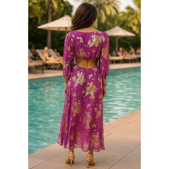 Delfi Collective Silk Gold Floral Cutout Open Long Sleeve Dress Size Small NWT - Picture 2 of 14